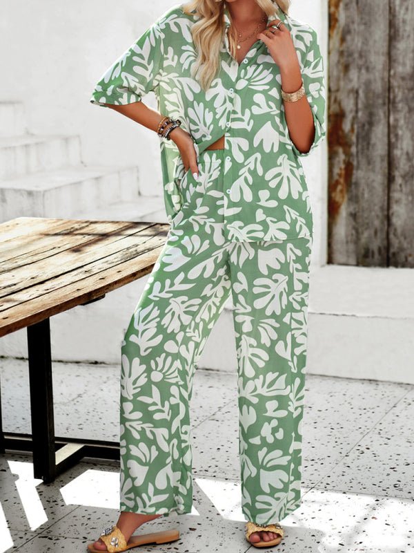 New women's casual fashion printed lapel short - sleeved shirt and trousers vacation suit - Pant Suit